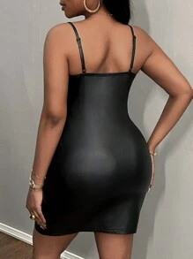 Slaydiva Plus Size Black Sexy Solid Backless Spaghetti Strap Wrapped Skirt Plus Size Dresses-W - Black - View 2