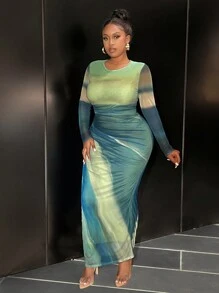 Slaydiva Váy xếp ly nhuộm loang cỡ lớn cho nữ mùa thu - Nhiều màu - Xem 4