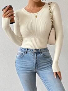 Chiquease Women's Autumn And Winter Solid Color Round Neck Long Sleeve Casual Slim Sweater, Knit Pullover Fall - Apricot - View 1