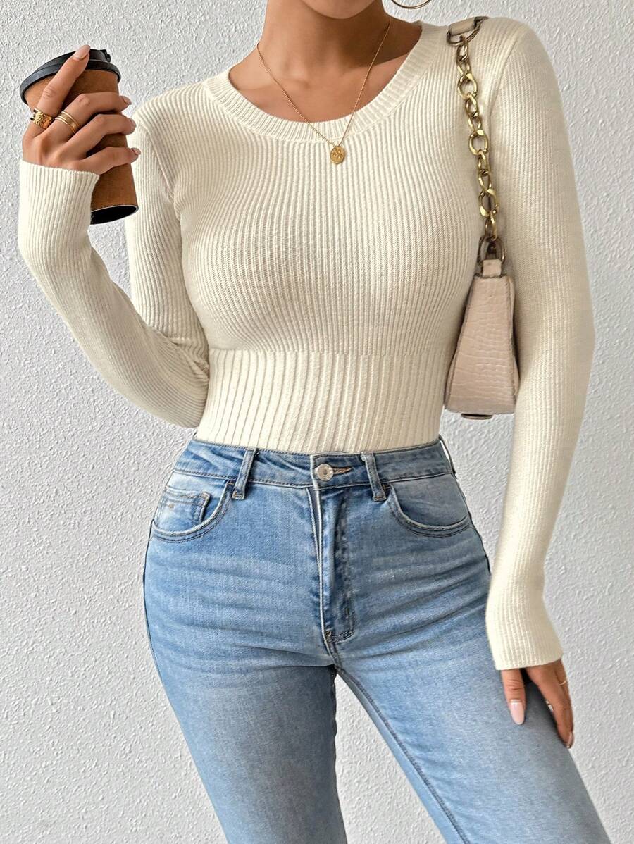 Chiquease Women's Autumn And Winter Solid Color Round Neck Long Sleeve Casual Slim Sweater, Knit Pullover Fall - Apricot - View 1