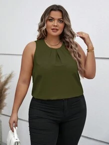SHEIN Clasi Plus Size Women's Summer Solid Color Round Neck Ruched Sleeveless Casual Blouse - Army Green - View 3