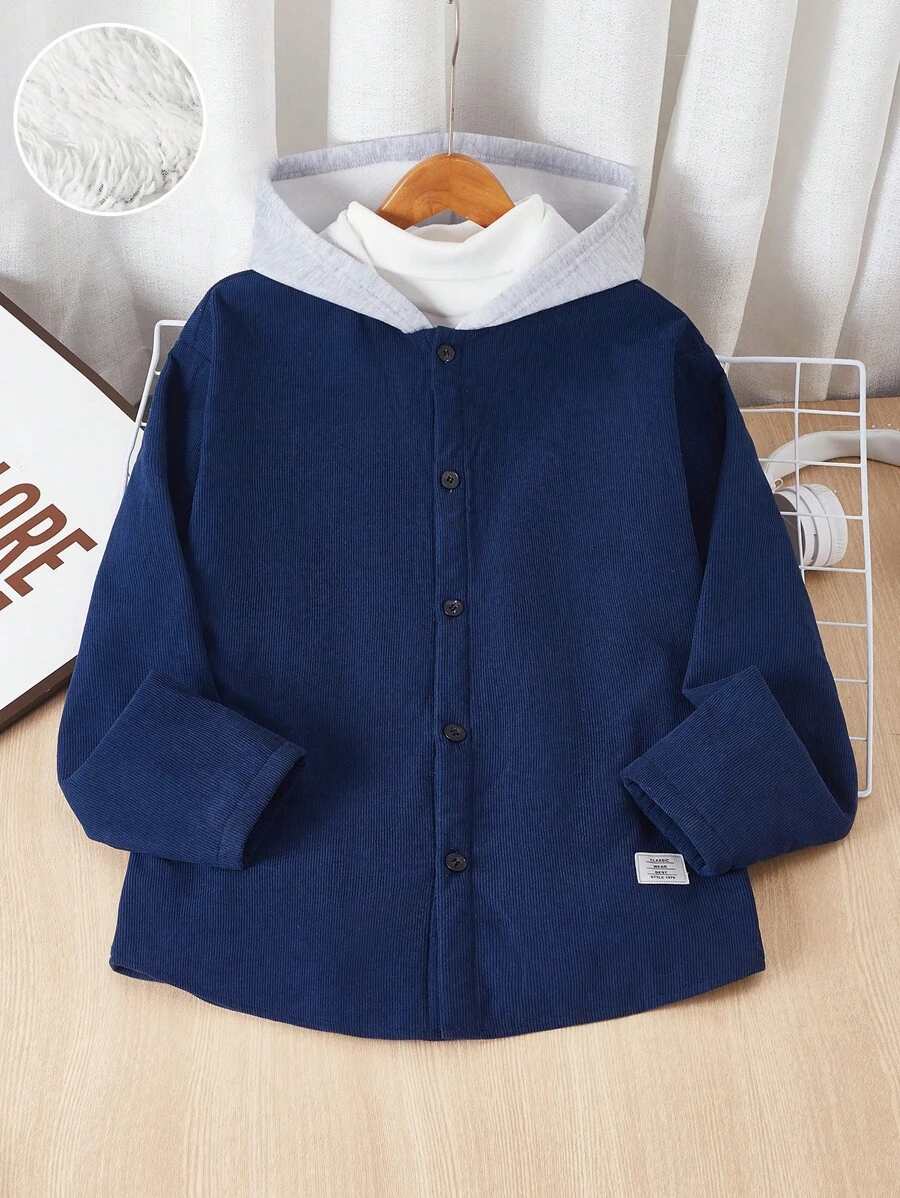 SHEIN 1pc Teen Boys' Casual, Comfortable, Fashionable, Simple, Versatile, Hooded, Zipper-Front, Composite Plush-Lined, Color-Block, Medium-Thick Jacket Made Of Corduroy, Suitable For Everyday Wear, School, Travel, Sports, Mountain Climbing, Autumn & Winter Seasons