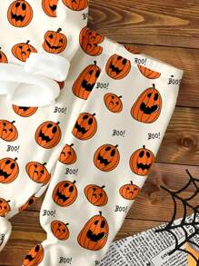 SHEIN Halloween Home, Pumpkins, Bats, Spiders, Boo Yeah, Young Boy Casual Minimalist Thermal Lined Snug Fit Long Sleeve Crew Neck Pants Pajama Set, Suitable For Autumn/Winter - Multicolor - View 4