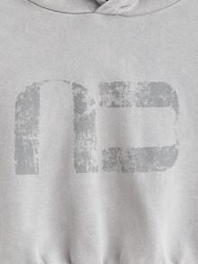 Manfinity VCAY Sudadera con capucha suelta y estampada de tinta lavada con textura de punto para hombre, adecuada para otoño e invierno - Gris Oscuro - Ver 14