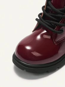 Cozy Pixies 人造皮革舒适休闲婴儿靴，时尚系带亮面女童短靴 - 酒紅色 - 查看 9