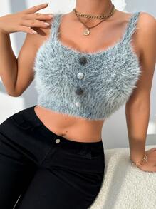 VaVaBold Women's Knitted Top, Women's Top, Suspender, Artificial Fur Button, Gray Sleeveless, Short, Sexy, Slim Fit, Friends, Parties, Four Seasons, Spring And Autumn Styles, Women's Clothing