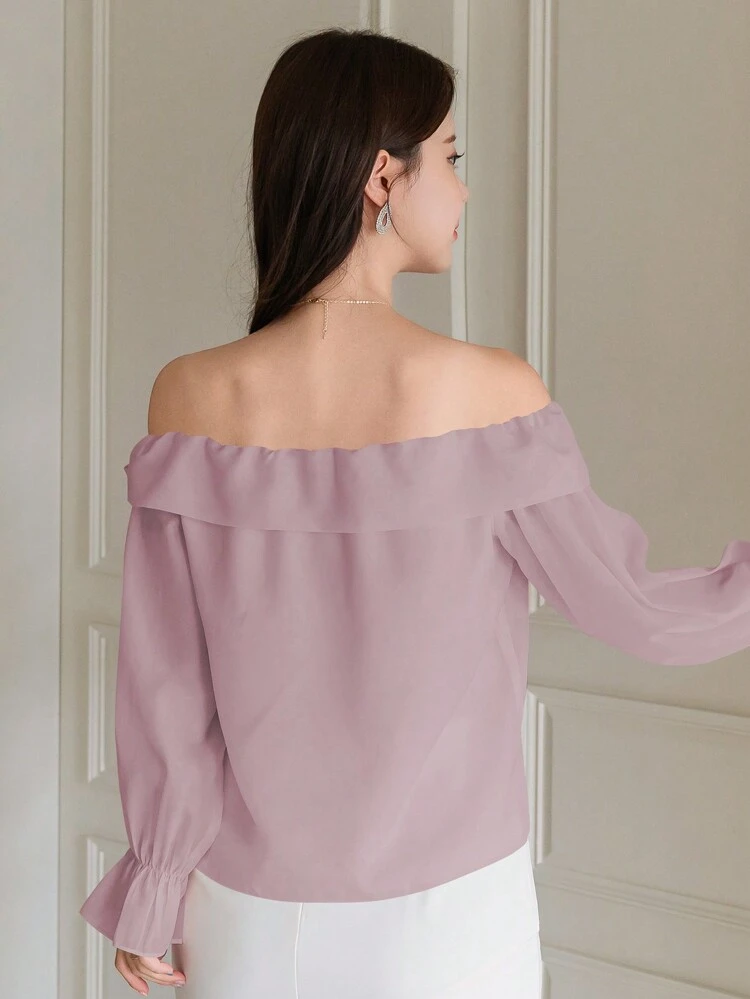 1pc Women Off Shoulder Tie Bow Solid Blouse,Ruffle,Fall Clothes Long Sleeve Top Cute Tops Valentine's Day