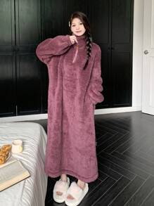 DAZY Minimalist Half-Zip Flannel Thick Housedress,Thermal Lined Fall,Winter - Purple - View 7