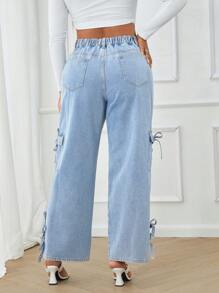 SHEIN Essnce Plus Size Women Cargo Pockets Straight Leg Loose Casual Versatile Denim Jeans - Dark Wash - View 2