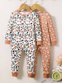 2 件装女婴花卉印花长袖连体衣 舒适贴身家居服睡衣