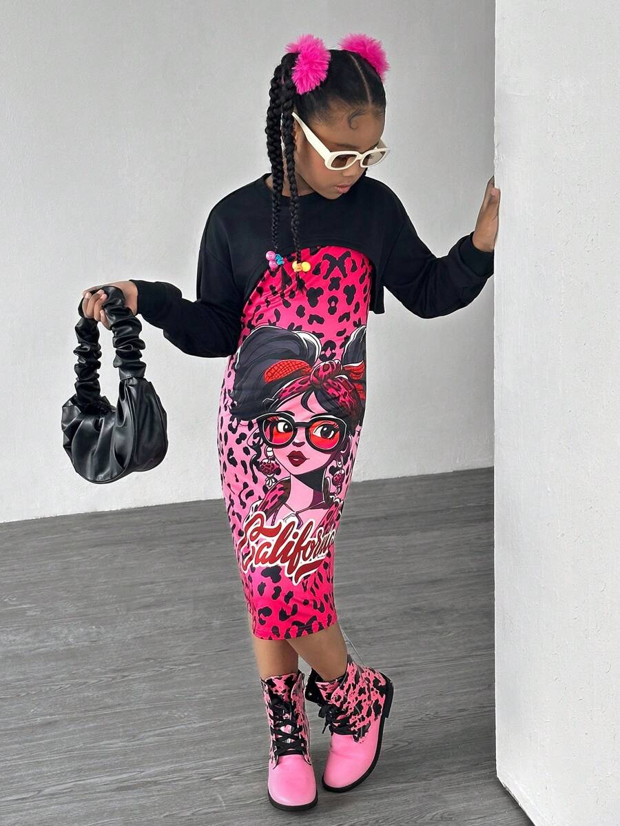 SHEIN Explorewe Tween Girl 春夏纯色圆领长袖短款上衣和豹纹卡通人物印花吊带背心连衣裙 2 件套 - 彩色 - 查看 1