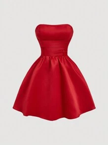 SHEIN MOD 女士红色侧蝴蝶结抹胸短款上衣连衣裙 - 紅色 - 查看 5