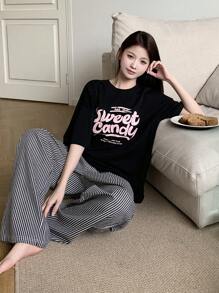 DAZY 2 件套圆领字母印花短袖上衣和休闲裤睡衣 - 黑色 - 查看 5