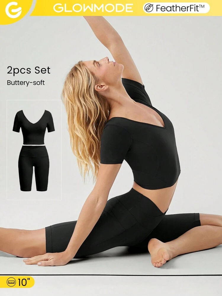2 Pieces FeatherFit™ U-Back Cropped Active Tank & 4.3" Tummy Control Biker Shorts Set Low Impact Yoga Pilates Daily