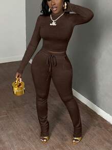 Slaydiva 2pcs Women Casual Basic Long Sleeve Crew Neck Crop Top And Drawstring Waist Skinny Sweatpants Set, Fall & Winter - Brown - View 5