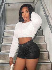 Zolique 新款性感紧身短款白色圆领蓬松保暖女式毛衣，针织套头衫，秋冬款 - 白色 - 查看 4