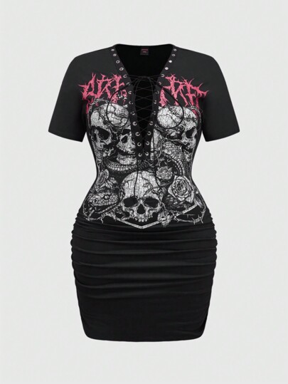 Grunge Punk Plus Size Punk Skull Gothic Snake Print Metal Lace-Up Sexy Deep V Bodycon Ruched Plus Size Dress, For Summer
