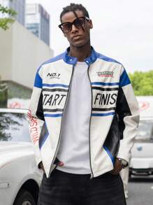 Manfinity Roghcode Chaqueta de cuero PU con bloqueo de color y bordado de letras de moda para hombre en otoño - Azul - Ver 3