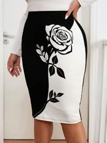 SHEIN Clasi Plus Size Elegant Contrast Color Floral Print Elastic Waist Pencil Skirt - Black and White - View 1