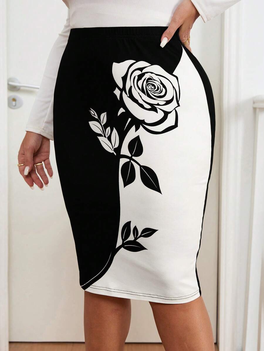 SHEIN Clasi Plus Size Elegant Contrast Color Floral Print Elastic Waist Pencil Skirt - Black and White - View 1