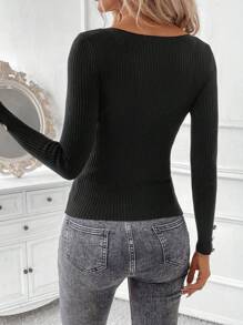 SHEIN Clasi Svart damtröja med rund hals och långärmad design, höst/vinter - Svart - Visa 2