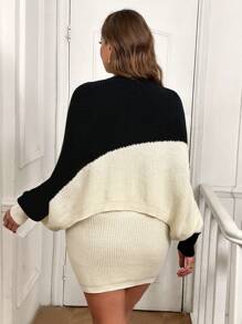 SHEIN Clasi 大码冬季优雅经典拼色设计宽松蝙蝠袖弧形下摆毛衣套头衫搭配紧身毛衣裙，两件套，适合工作、购物、度假、早午餐、约会、派对和家居服。 - 黑與白 - 查看 2