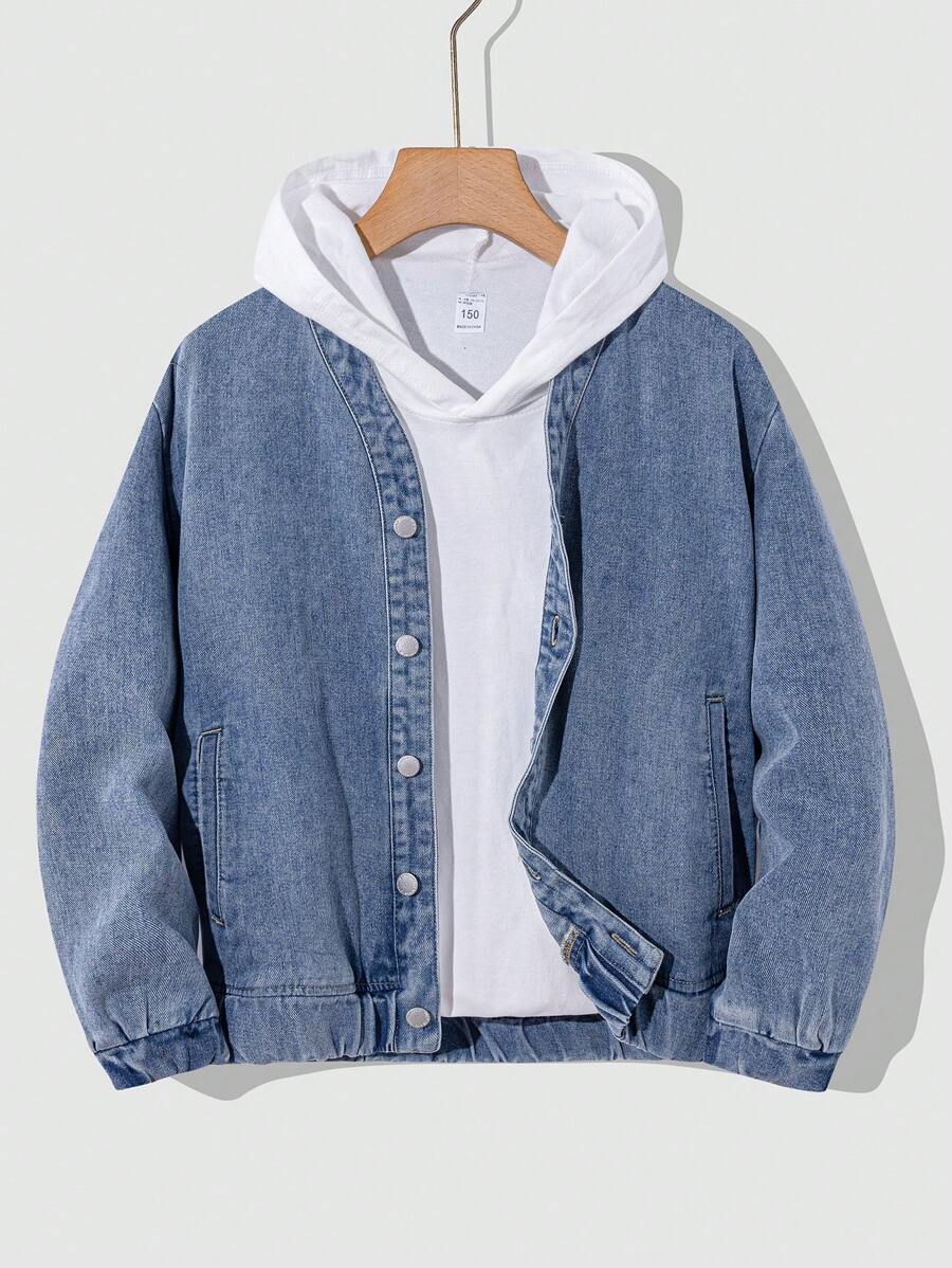 SHEIN 青少年男孩休闲柔软 V 领宽松蓝色牛仔夹克，适合青少年男孩秋装 - 中等水洗藍 - 查看 1