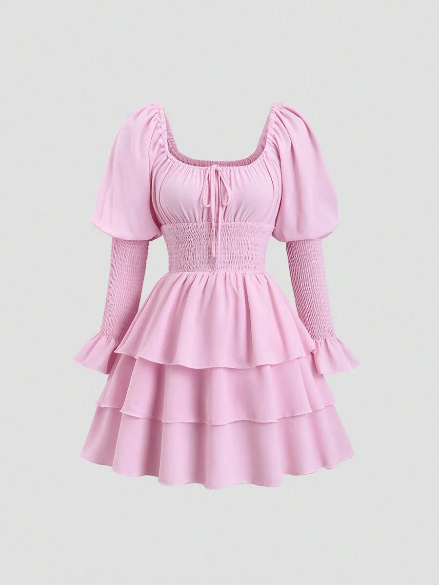 Sweetra Sexy Waist-Cinched Open Shoulder Puff Sleeve Pink Women Dress - Pink - View 1