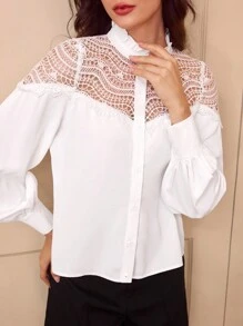 Vintamour Blouse ajustée avec garniture en dentelle élégante et rétro pour femmes, à manches longues, pour le style Renaissance des foires d'été et d'automne, chemise à boutons, chemise à manches longues en dentelle, style Bridgerton, mode coréenne, tenue de bureau, tenue d'entreprise décontractée pour femmes - Blanc - Voir 7
