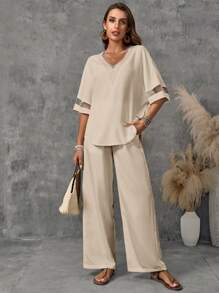 EMERY ROSE 女士秋季长袖衬衫和阔腿裤套装 - 卡其色 - 查看 4