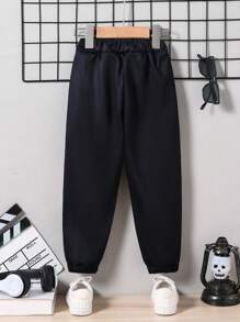 SHEIN 1 pieza Pantalones informales con cordón y puños para niños pequeños, con diseño de bloques de color, numérico y calavera, cómodos y transpirables para uso diario, juegos al aire libre, ir a la escuela y fiestas de otoño/invierno y Halloween