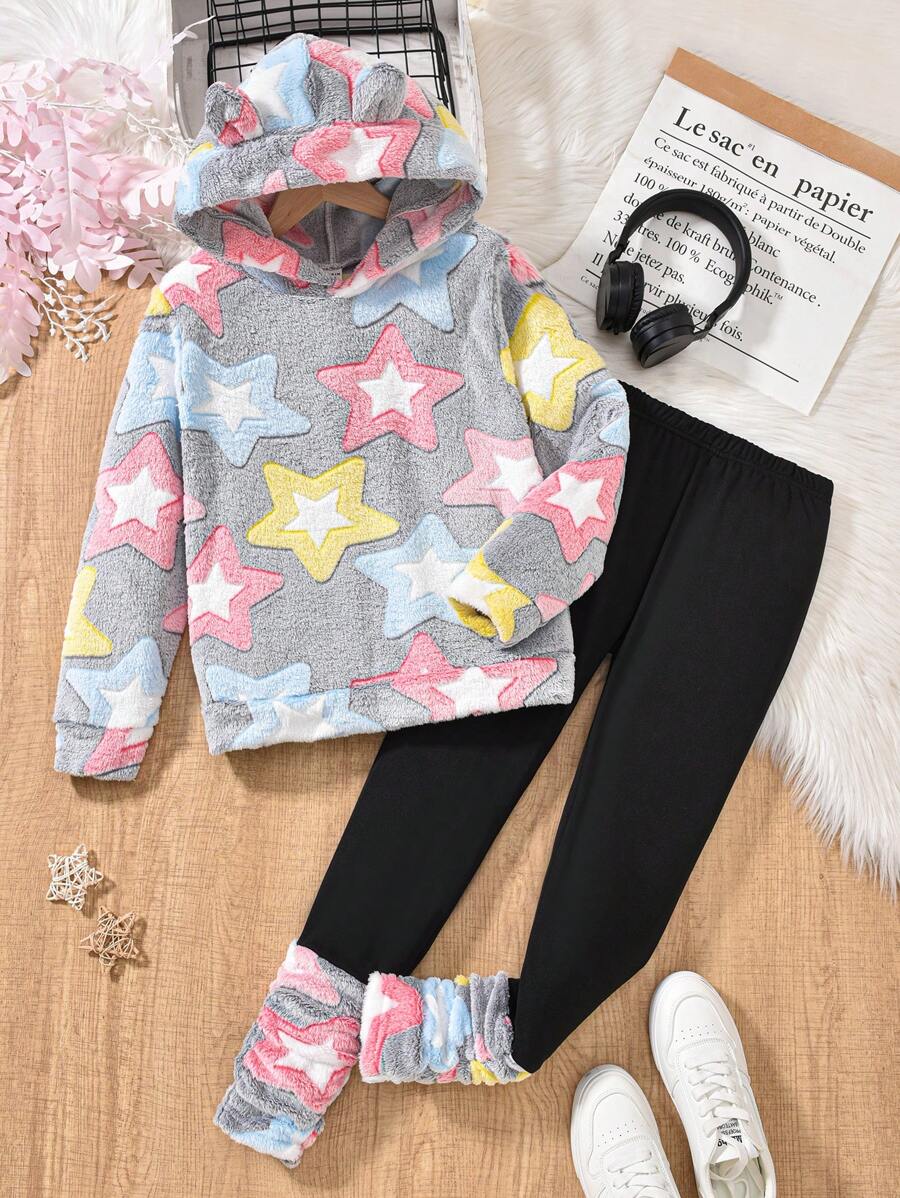 2 件 Tween Girl Star 毛茸茸动物耳朵连帽衫和拼色紧身裤休闲保暖冬季服装 - 彩色 - 查看 1