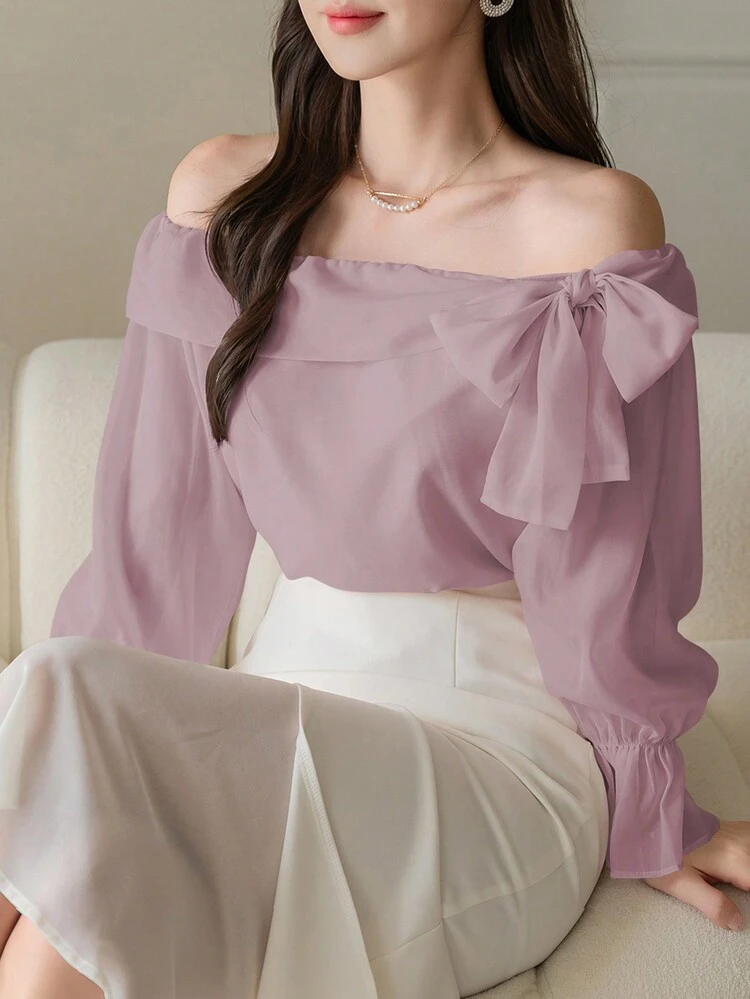 1pc Women Off Shoulder Tie Bow Solid Blouse,Ruffle,Fall Clothes Long Sleeve Top Cute Tops Valentine's Day