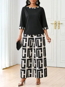SHEIN Lady 2 件女式几何印花圆领 3/4 袖上衣和阔腿裤宽松优雅套装，夏季 - 彩色 - 查看 3
