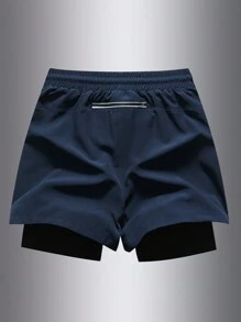 Manfinity Fitness Boyfriend Style Men's Drawstring Waist Geometric Print Sports Shorts,Gym Clothes - Navy Blue - View 2