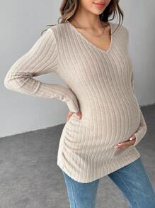 SHEIN Maternity Solid V-Neck Long Sleeve Ribbed Casual T-Shirt - Apricot - View 4