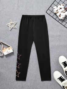 SHEIN سراويل ليغينغز مرنة للفتيات المراهقات بتصميم نجمي متدرج ملون وبسيط كرتوني، مناسبة لإطلالات الخريف للفتيات