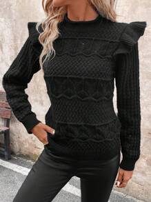 SHEIN Clasi Áo len dệt kim tay phồng thanh lịch màu trơn dành cho nữ vào mùa thu/đông - màu đen - Xem 6