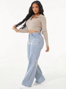 SHEIN Unity Women's Patchwork Frayed Hem Loose Straight Leg Casual Jeans - Light Wash - View 2