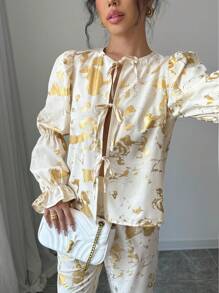 Chiquease 2件套：前系带长袖印花衬衫和裤子 - 杏色 - 查看 6