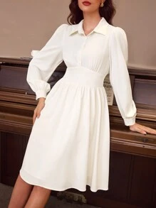 Vintamour Eleganckie damskie ubrania biurowe w stylu vintage, dopasowana koszula z kołnierzykiem, biała sukienka koszulowa z długim rękawem, letnia/jesienna sukienka dla gości weselnych, sukienki na powitanie, eleganckie sukienki midi dla kobiet, renesansowy jarmark, sukienka na Święto Dziękczynienia, ubrania dla kobiet biznesowych, sukienka na przyjęcie herbaciane, sukienka do kolan, koreańska moda, stare pieniądze, biznesowy casual dla kobiet