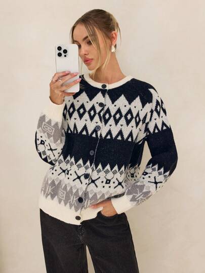 Forever 21 New Arrival Round Neck Open Front Fair Isle Pattern Loose Casual Warm Sweater Jacket For Autumn And Winter Renaissance Vintage Halloween Christmas Christmas Homecoming Winter Women Coat Homecoming Game Day Work Birthday  Shop