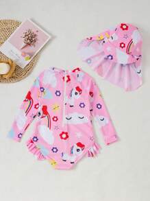 1 bộ đồ bơi liền thân in hình ngựa hoạt hình cho bé gái - Màu Hồng baby - Xem 2