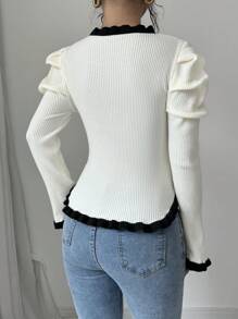 Chiquease New V-Neck Puff Sleeve Long Sleeve Elegant Knitted Button Up Sweater For Women, Fall Winter - Beige - View 2