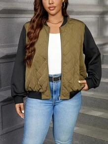 SHEIN Essnce Plus Size Women Color Block Loose Casual Fashion Green Jacket