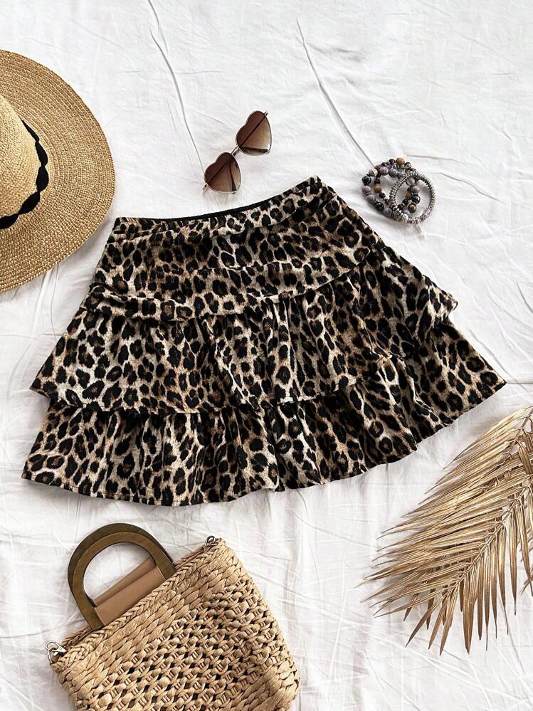 SHEIN Girlism Tween Girl Casual Street Vintage Leopard Print Ruched Double Layered Ruffled Hem Cute Mini Casual Skirt, Homecoming, Hippie Clothes, Princess , Ball Skirt, Y2K - Coffee Brown - View 3