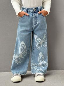 SHEIN Explorewe Young Girls New All-Match Versatile Washed Butterfly Print Straight Leg Wide Jeans - Light Wash - View 4
