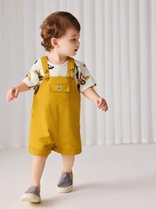 Cozy Pixies 2pcs Baby Boy Soft Plant Floral Print Knit Short Sleeve Top And Overalls Shorts Set - Yellow - View 8