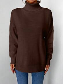 EURMUSE Women's Solid Color Turtleneck Long Sleeve Casual Sweater - Chocolate Brown - View 5