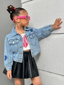 SHEIN Explorewe Young Girls Washed Light Blue Denim Jacket With Heart Shadow Design, Casual & Fashionable - Medium Wash - View 1